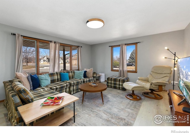 living room with plenty of natural light and wood finished floors