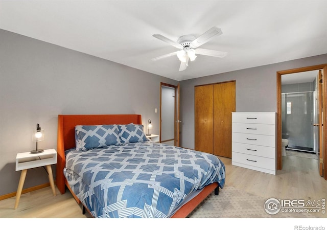 bedroom featuring a closet, ceiling fan, ensuite bathroom, and wood finished floors