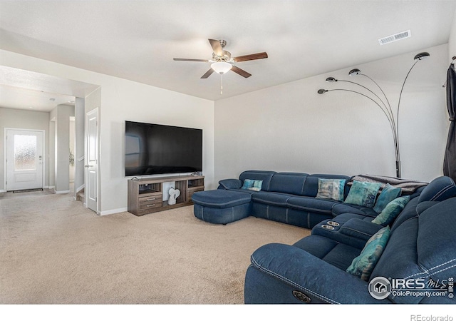 2539 Alto St, Fort Lupton, CO 80621 - living room with a ceiling fan, baseboards, visible vents, and carpet flooring