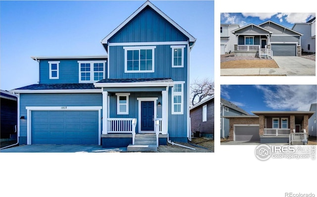 view of front of property with an attached garage, cooling unit, covered porch, concrete driveway, and board and batten siding