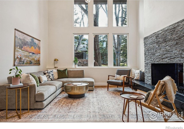 living area with a stone fireplace, wood finished floors, a high ceiling, and baseboards