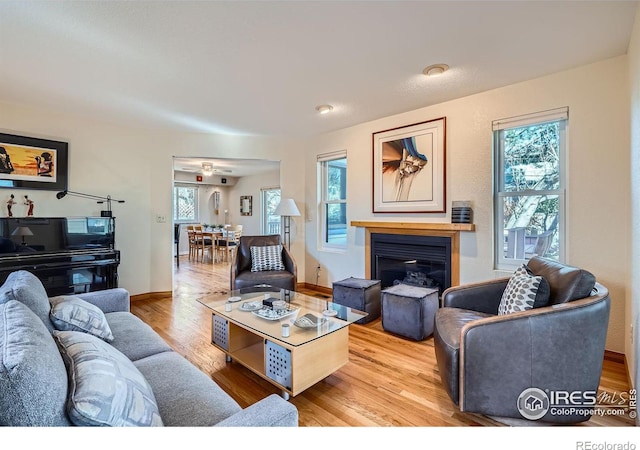 living area with light wood-style floors, baseboards, and a glass covered fireplace