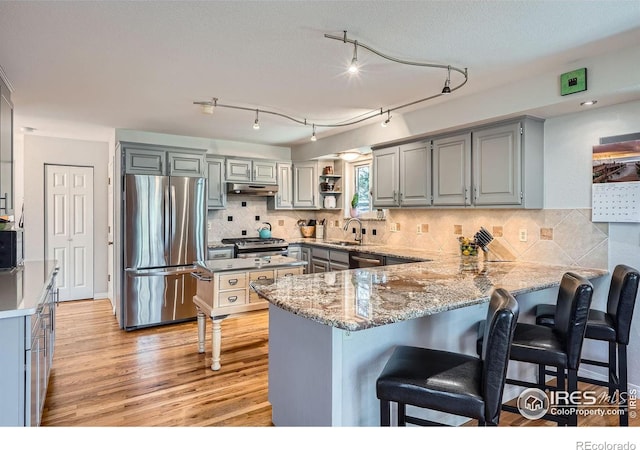 kitchen with appliances with stainless steel finishes, gray cabinets, a sink, and a peninsula