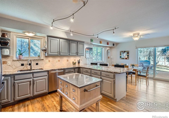 kitchen featuring light wood finished floors, stainless steel dishwasher, gray cabinets, and a sink