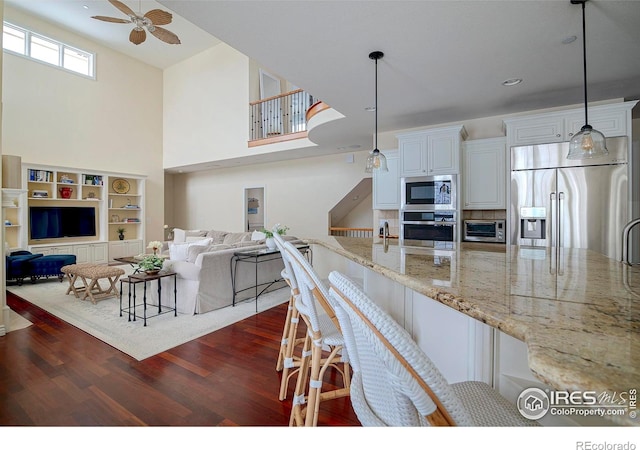 kitchen featuring appliances with stainless steel finishes, ceiling fan, open floor plan, dark wood-style floors, and a towering ceiling