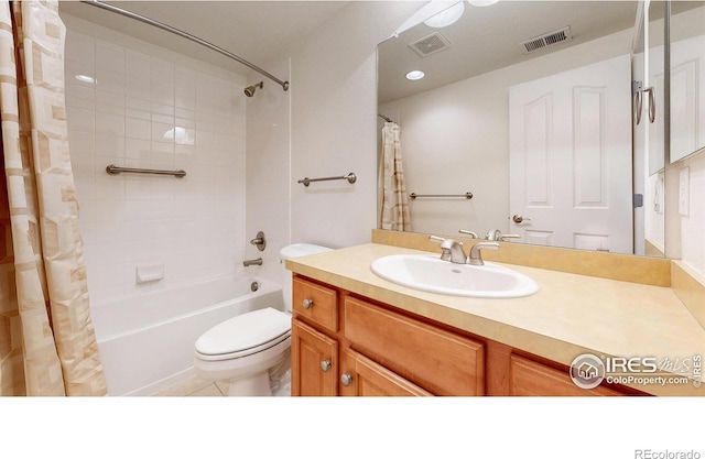 bathroom with toilet, shower / bath combo, vanity, and visible vents