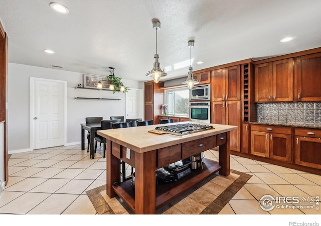 kitchen featuring backsplash, recessed lighting, appliances with stainless steel finishes, light tile patterned flooring, and open shelves