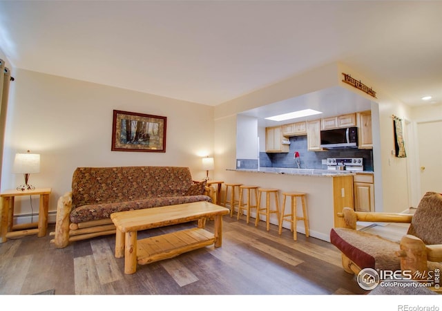 living area featuring baseboard heating and wood finished floors