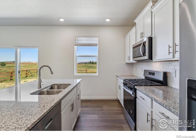 kitchen featuring backsplash, a wealth of natural light, stainless steel appliances, and a sink