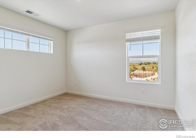 carpeted spare room with plenty of natural light, visible vents, and baseboards