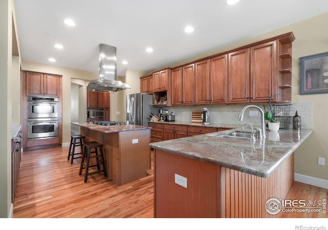 kitchen with stainless steel appliances, a breakfast bar, a sink, open shelves, and island exhaust hood