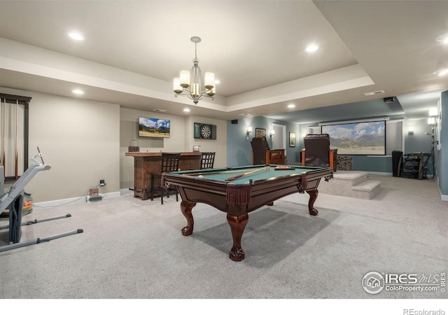 playroom with carpet floors, a dry bar, recessed lighting, a raised ceiling, and visible vents