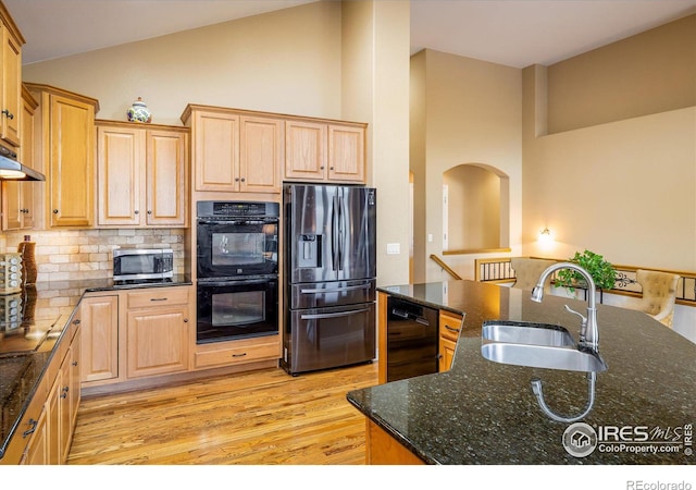 kitchen featuring light wood finished floors, black appliances, decorative backsplash, high vaulted ceiling, and a sink