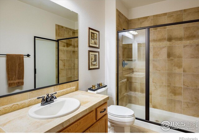 bathroom with toilet, a stall shower, and vanity