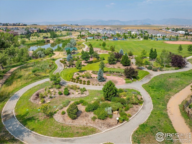 drone / aerial view featuring a residential view and a water and mountain view