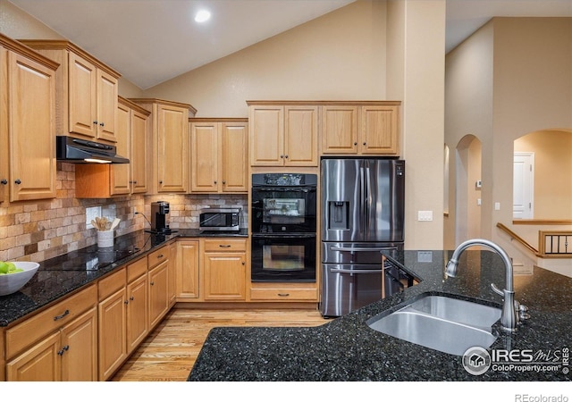 13943 W 87th Ln, Arvada, CO 80005 - kitchen with black appliances, a sink, under cabinet range hood, high vaulted ceiling, and light wood-style floors