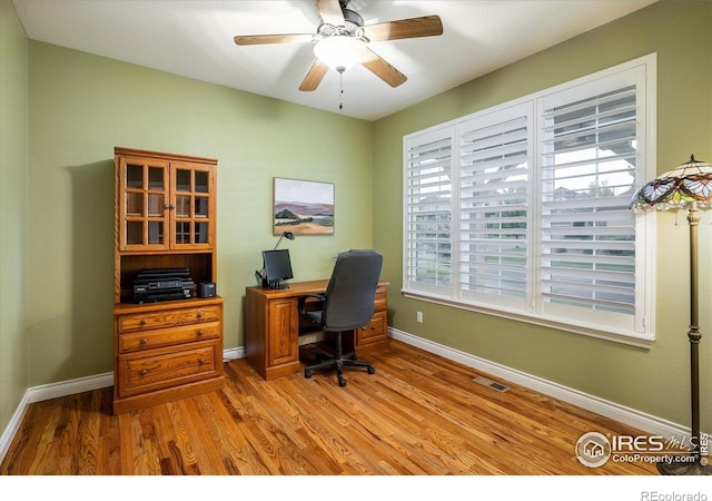 13943 W 87th Ln, Arvada, CO 80005 - office with light wood-style flooring, ceiling fan, and baseboards