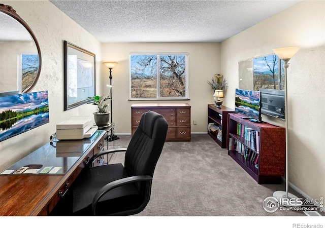 carpeted office featuring a textured wall, a textured ceiling, and baseboards