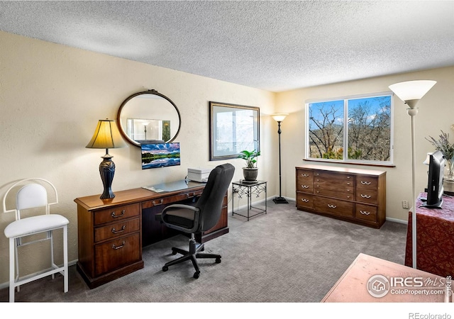 office featuring carpet floors, baseboards, and a textured ceiling