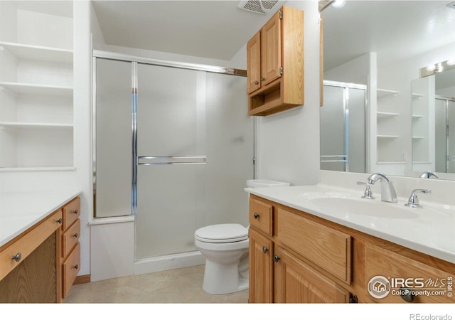 full bath with visible vents, toilet, tile patterned floors, an enclosed shower, and vanity