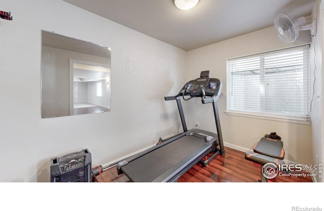 exercise room featuring baseboards and wood finished floors