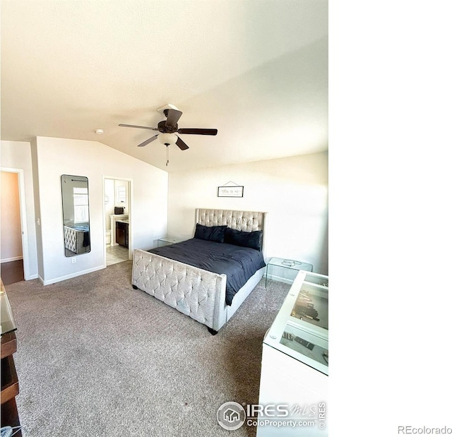 bedroom featuring lofted ceiling, carpet, baseboards, and ceiling fan