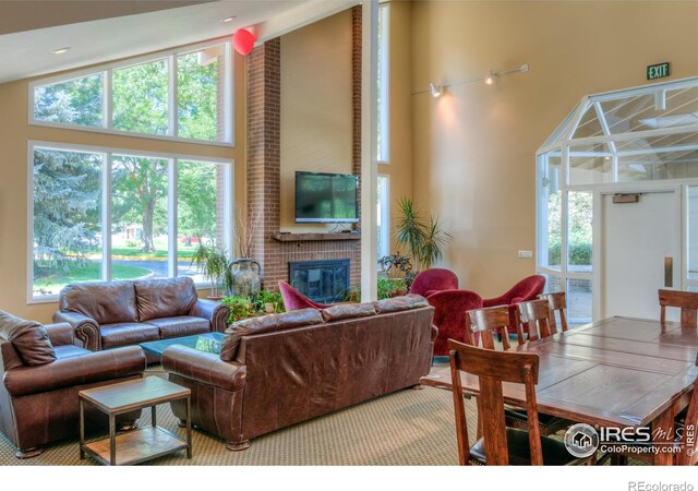 living area featuring high vaulted ceiling, a fireplace, and a healthy amount of sunlight