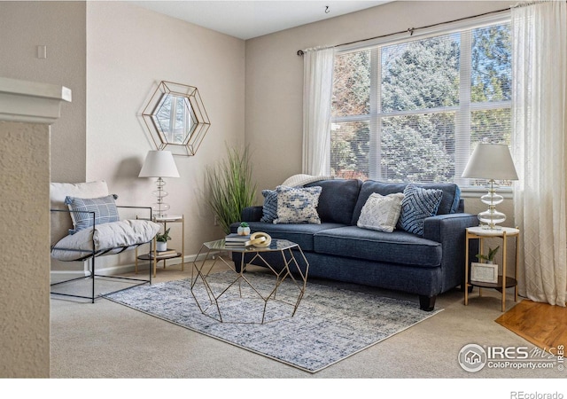 carpeted living area featuring baseboards