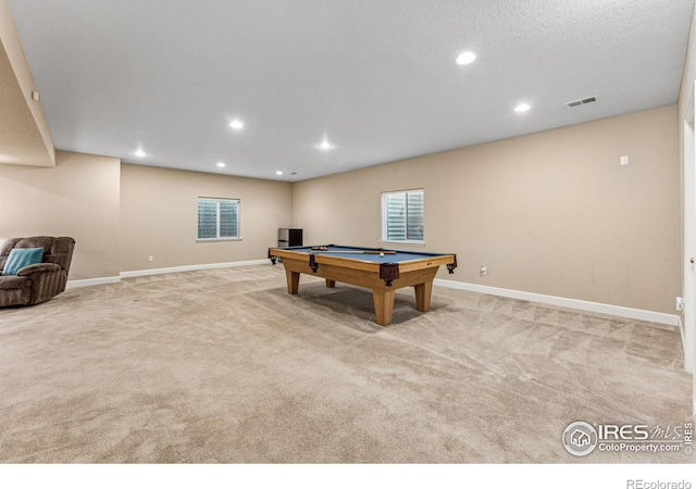 game room featuring recessed lighting, pool table, light colored carpet, visible vents, and baseboards