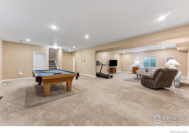 game room featuring baseboards, carpet flooring, and recessed lighting