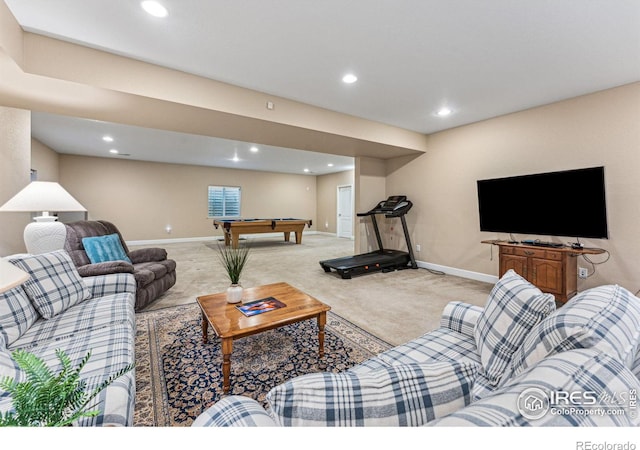 living room with baseboards, recessed lighting, billiards, and light colored carpet