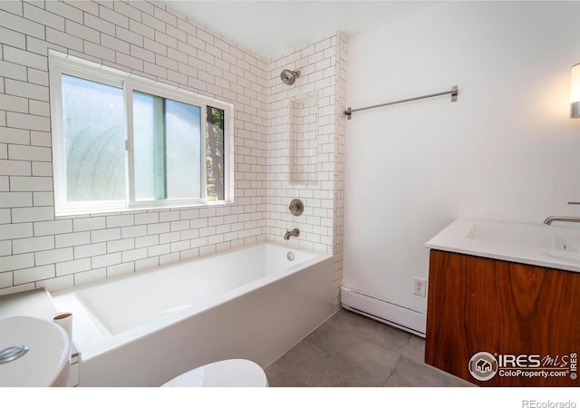 full bathroom with a baseboard radiator, toilet, tub / shower combination, vanity, and tile patterned floors