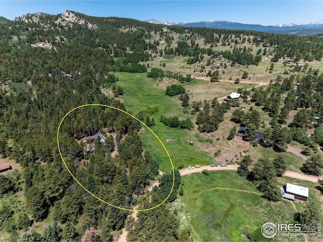 birds eye view of property with a forest view and a mountain view