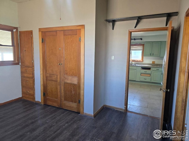 interior space featuring dark wood-style floors, a healthy amount of sunlight, and baseboards