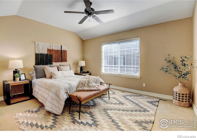 bedroom featuring lofted ceiling, visible vents, and baseboards