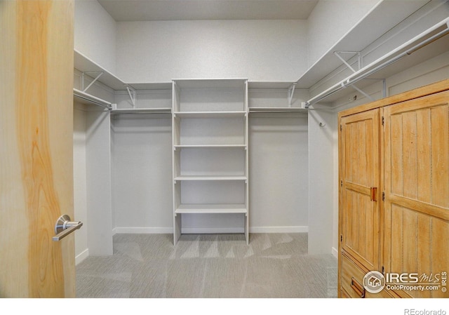 walk in closet featuring light colored carpet