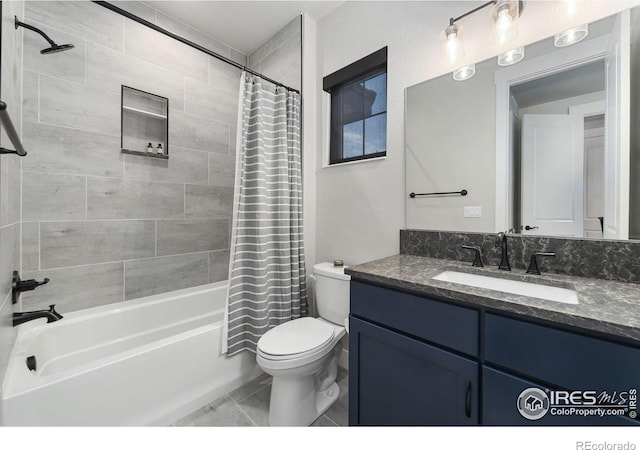 2748 Prairie Flax St, Berthoud, CO 80513 - bathroom featuring toilet, shower / bathtub combination with curtain, and vanity