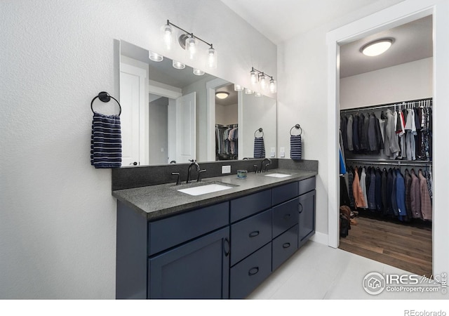 2748 Prairie Flax St, Berthoud, CO 80513 - bathroom featuring a spacious closet, double vanity, baseboards, and a sink