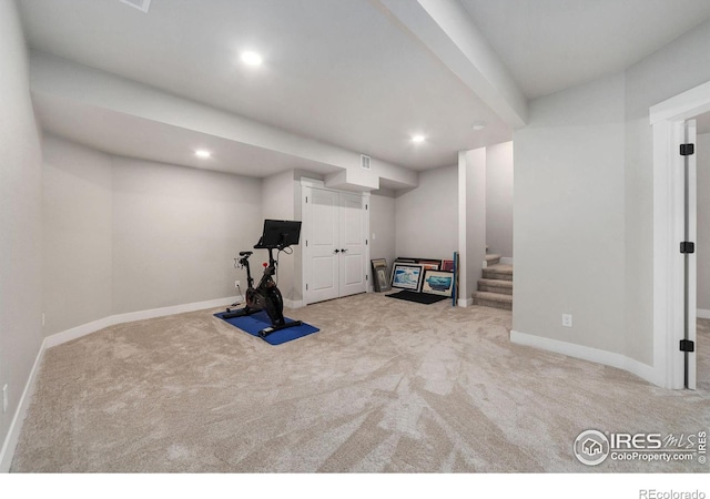 2748 Prairie Flax St, Berthoud, CO 80513 - workout area featuring recessed lighting, visible vents, baseboards, and carpet floors