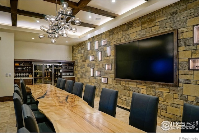 2748 Prairie Flax St, Berthoud, CO 80513 - dining area featuring beam ceiling, a notable chandelier, recessed lighting, and coffered ceiling