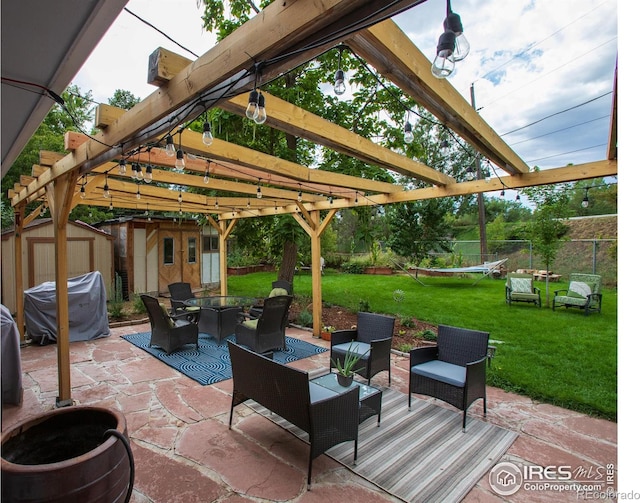 view of patio featuring outdoor dining area, a storage shed, an outdoor structure, fence, and a pergola