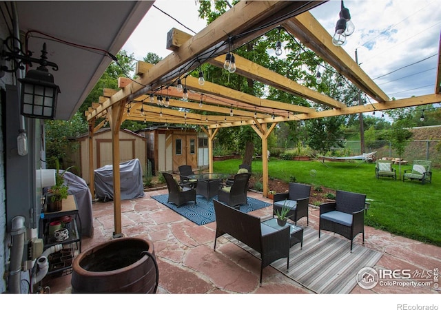 view of patio / terrace featuring a storage shed, an outbuilding, fence, outdoor dining area, and a pergola