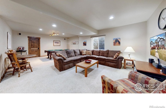 living room featuring carpet, billiards, and recessed lighting