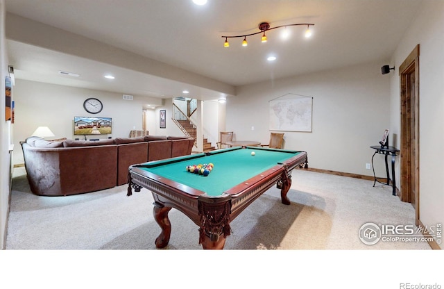 playroom featuring carpet, recessed lighting, pool table, visible vents, and baseboards