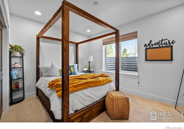 carpeted bedroom with baseboards and recessed lighting