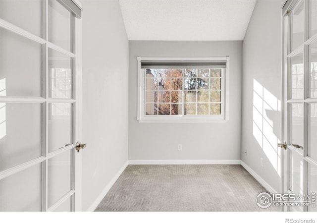 spare room with carpet, lofted ceiling, baseboards, and a textured ceiling