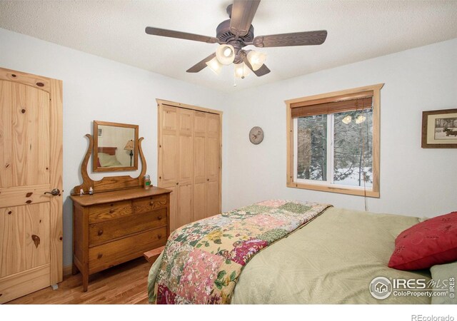 bedroom featuring ceiling fan, a closet, and wood finished floors