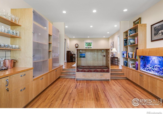 interior space featuring light wood-style floors, recessed lighting, and open shelves