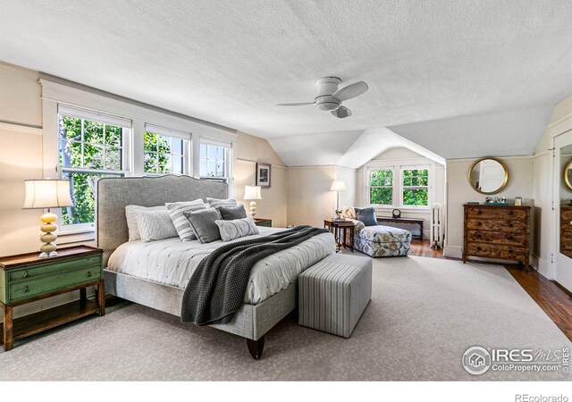 bedroom featuring lofted ceiling, ceiling fan, a textured ceiling, and wood finished floors