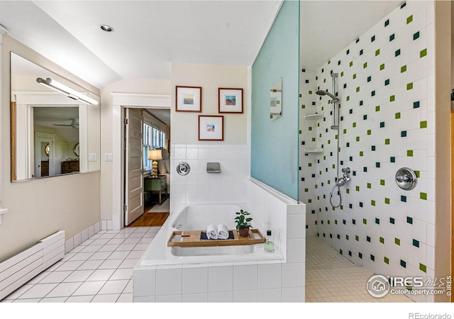 full bathroom with a walk in shower, lofted ceiling, baseboard heating, a bath, and tile patterned floors